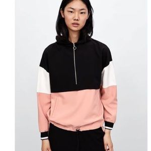 Black, pink and white color block hoodie